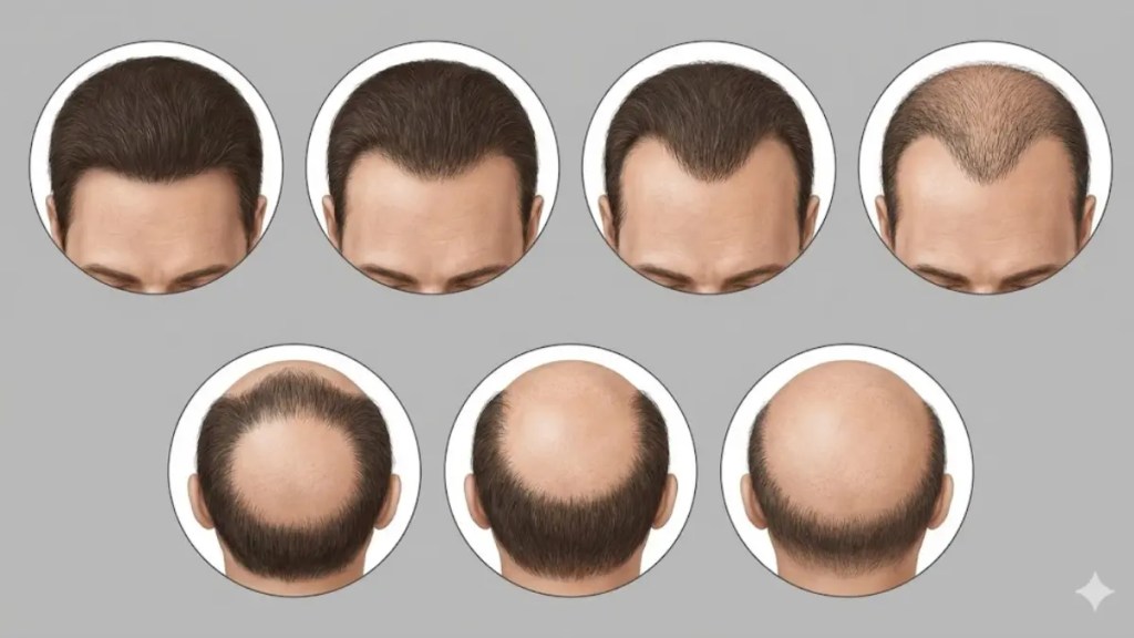 Androgenetic alopecia stages showing progressive hair loss due to DHT