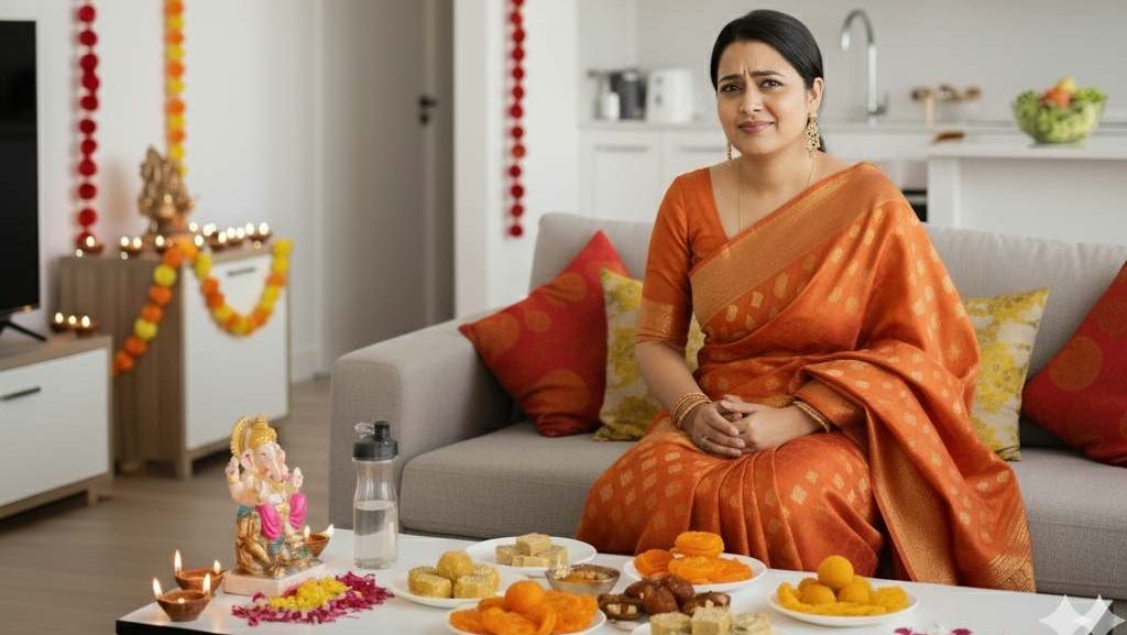 Festive confusion: A woman sits on a couch surrounded by Diwali decorations and a huge platter of sweets, showing a humorous inner struggle between enjoying the festive treats and staying focused on her diet and fitness goals.