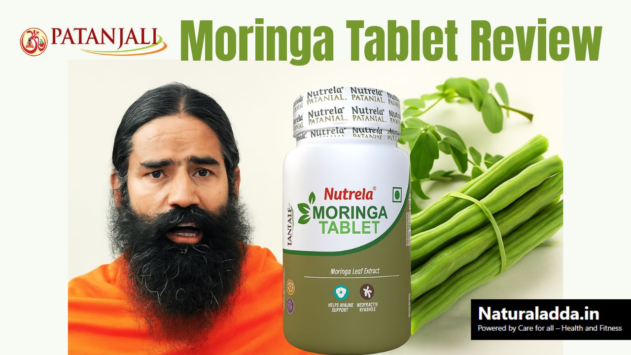 A clean and attractive composition featuring baba ramdev, a bottle of Patanjali Nutrela Moringa Tablets, and fresh green moringa drumsticks with leaves placed beside it on a light background. Perfect for a health or Ayurvedic product thumbnail.