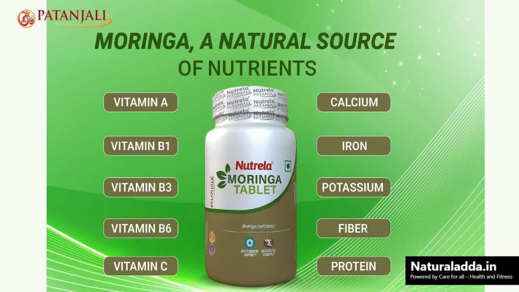 A 16:9 promotional image showing a bottle of Patanjali Nutrela Moringa Tablets centered against a green Ayurvedic-themed background, with nutrient labels such as Vitamin A, B1, B3, B6, C, Calcium, Iron, Potassium, Fiber, and Protein arranged on both sides, creating a clean and attractive layout.