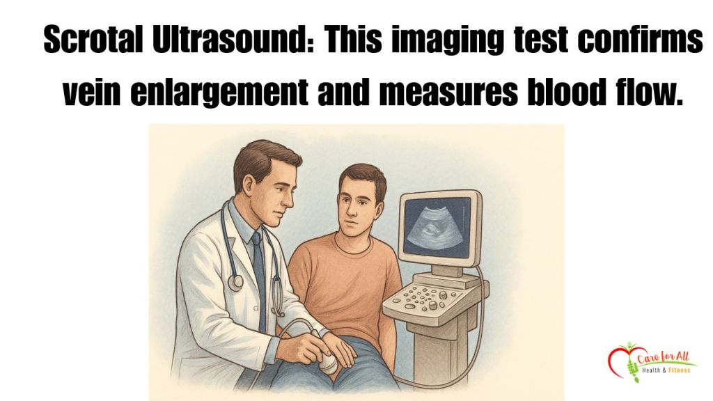 A medical professional performing a diagnostic ultrasound on a male patient’s lower abdomen to examine testicular health and varicocele symptoms.