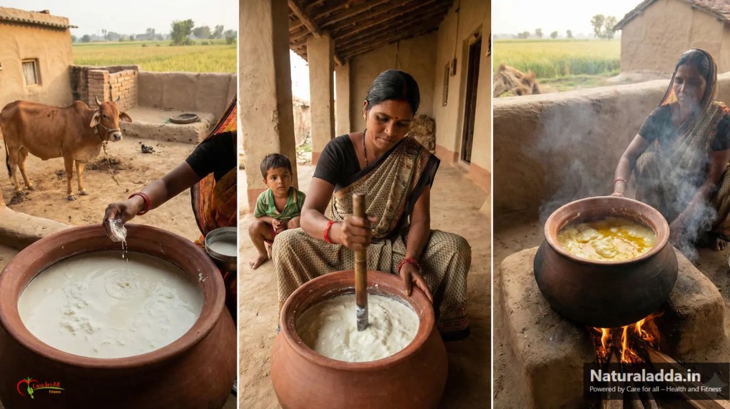 A traditional village scene showing the bilona method of making desi cow ghee. The image is divided into three sections: first, milk being turned into curd or butter; second, a village woman churning the curd with a traditional wooden bilona; and third, the butter being heated in an earthen pot to make ghee. A desi cow stands nearby in a rustic village background.