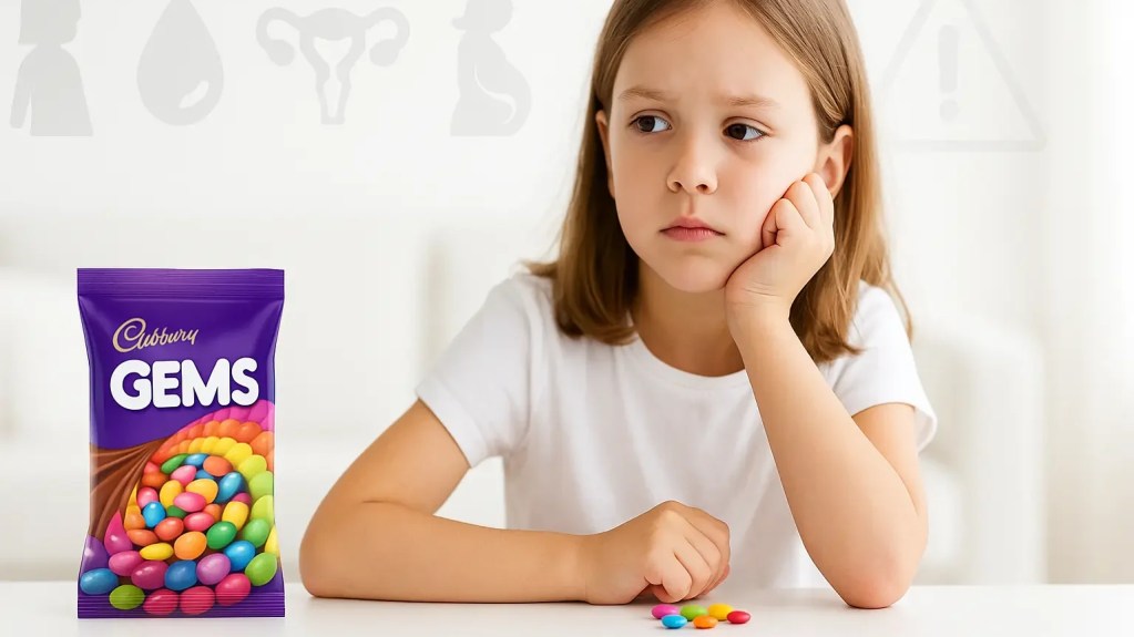 Young girl sitting at a white table with a thoughtful expression, a Cadbury Gems pouch placed in front of her, colorful candies on the table, and faint icons representing puberty, periods, reproductive health, pregnancy, and menopause in the background, highlighting health risks related to artificial food colors.