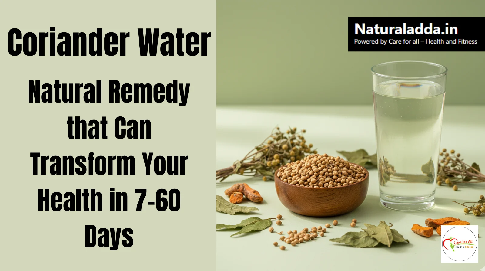 A glass of coriander water with coriander seeds placed on a natural Ayurvedic background.