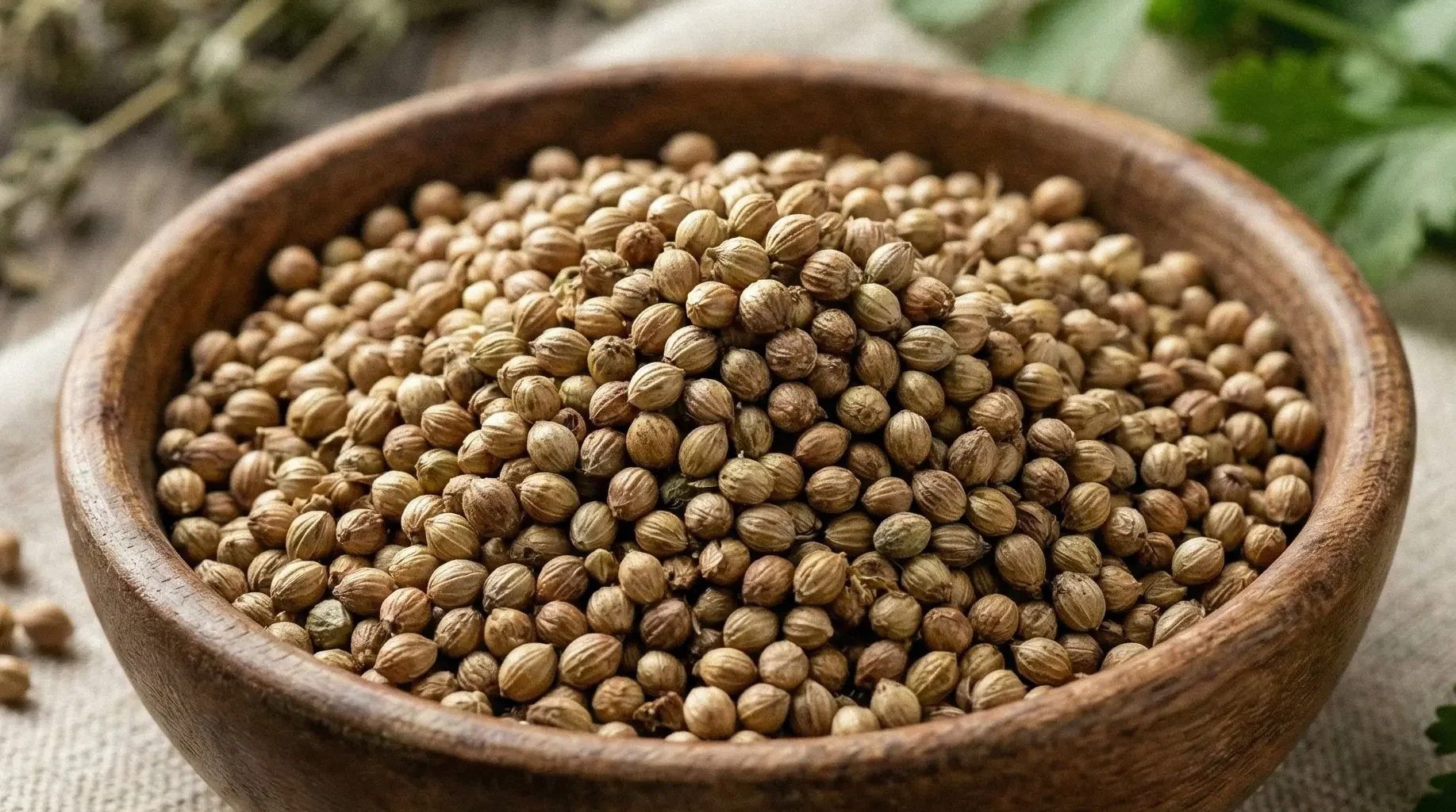 Close-up image of coriander seeds used for health benefits.