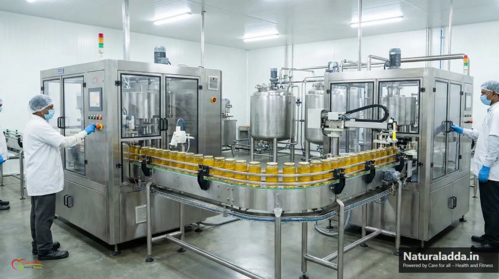 An industrial scene showing the automated process of making cow ghee. Workers wearing masks and gloves are overseeing machinery that processes the ghee. A conveyor belt carries jars being filled and sealed with ghee in a clean, large-scale industrial environment.
