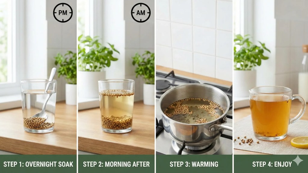 Coriander seeds soaked in water overnight for drinking in the morning.