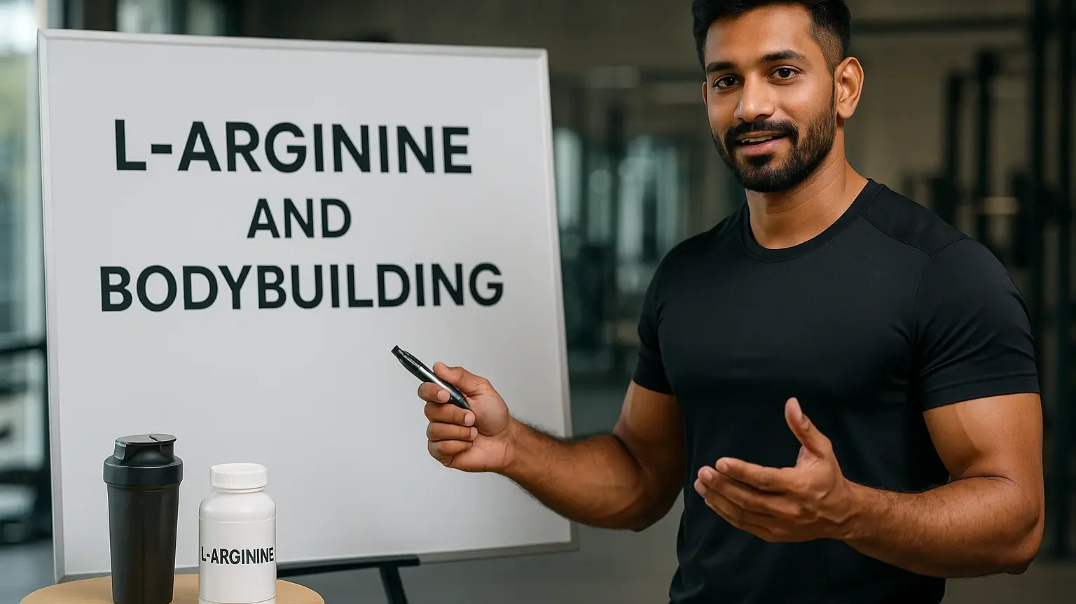 Indian fitness trainer explaining L-Arginine and bodybuilding benefits in a gym.