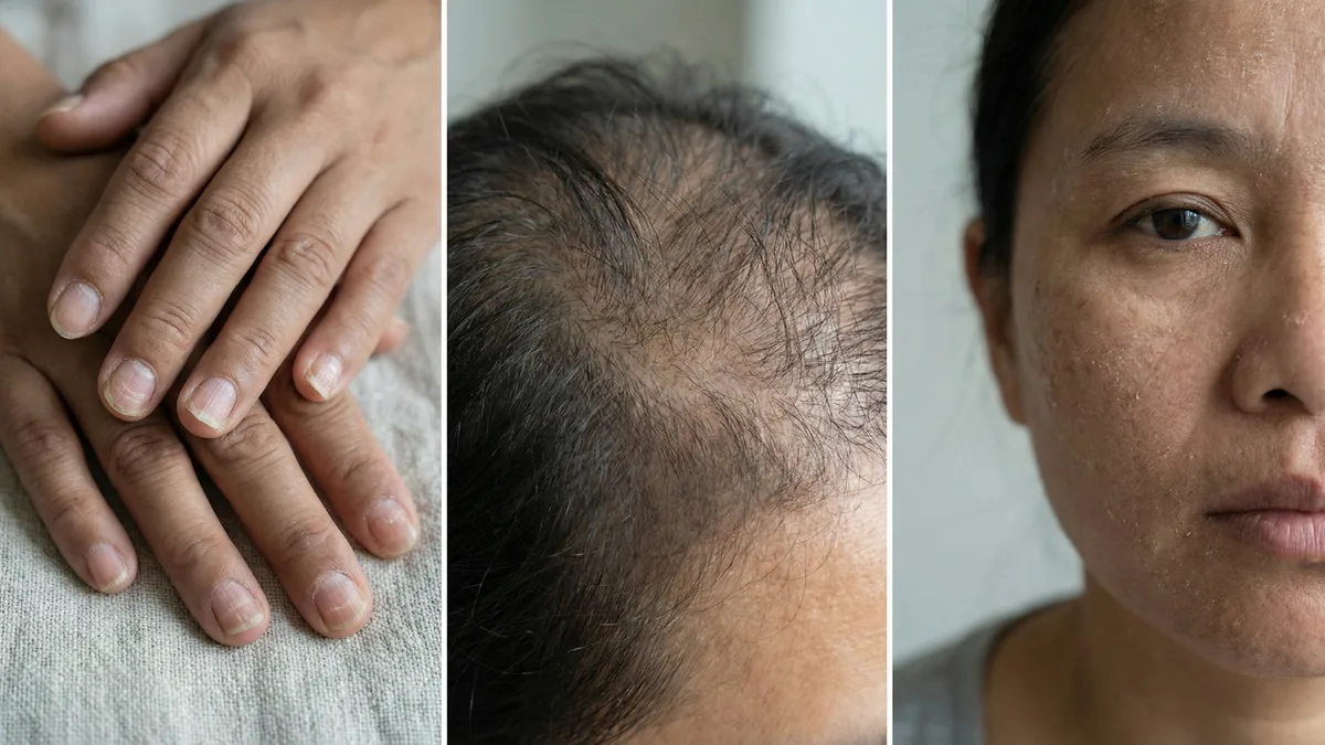 Protein deficiency signs visible on nails, hair and skin