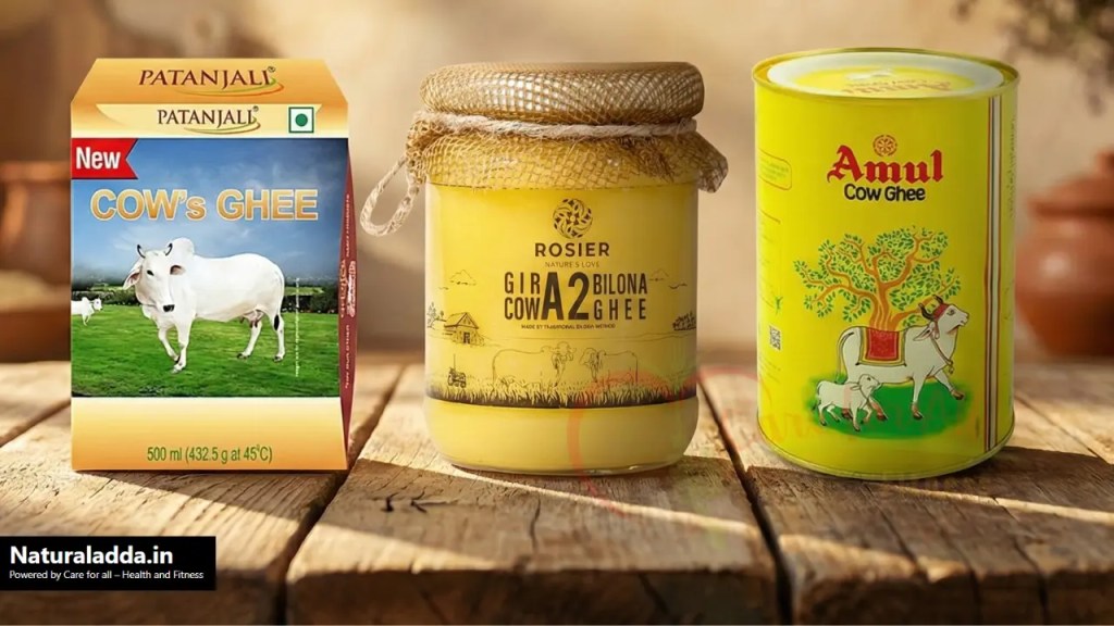 Rozier A2 Ghee, Amul Ghee, and Patanjali Ghee jars displayed together for comparison.
