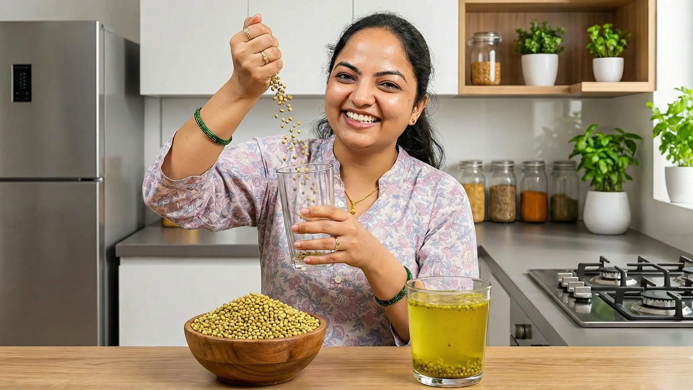 Indian middle-class kitchen scene. A smiling Indian woman wearing a simple saree is standing near a wooden kitchen table. She holds an empty glass in one hand and is pouring coriander seeds (dhaniya seeds) from her other hand into the glass. On the table, there is a small bowl filled with fresh coriander seeds and a transparent glass filled with light yellowish-green dhaniya water (color slightly changed).