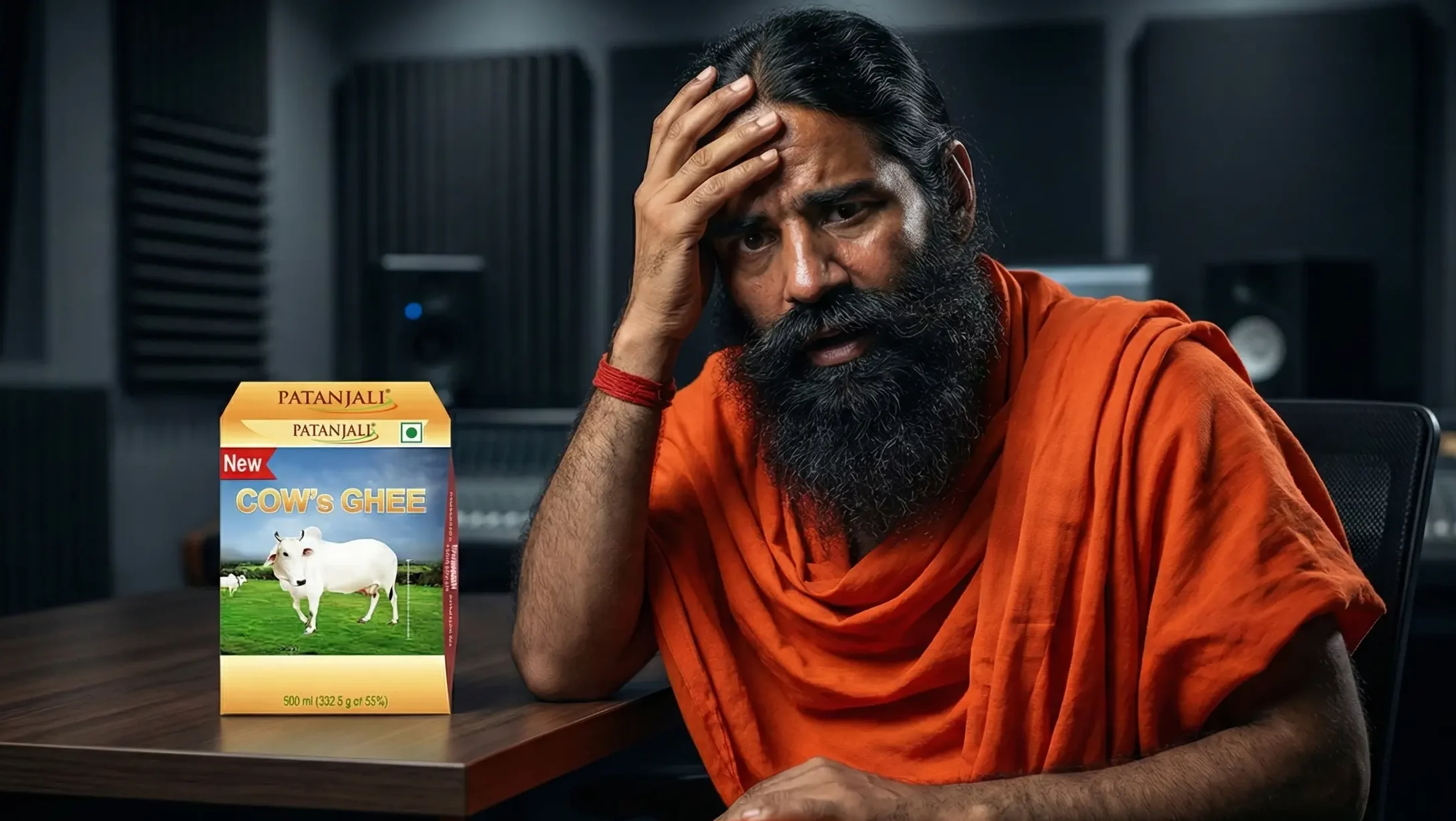 Cow ghee jar on wooden table under dark lighting. Baba ramdev sitting next to patanjali cow ghee