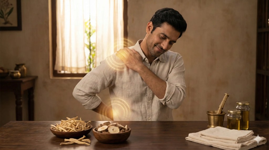 Man feeling relief from pain through Ayurvedic anti-inflammatory herbs.