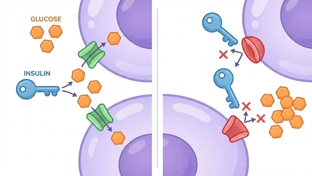 Illustration explaining how insulin resistance blocks glucose from entering body cells leading to high blood sugar