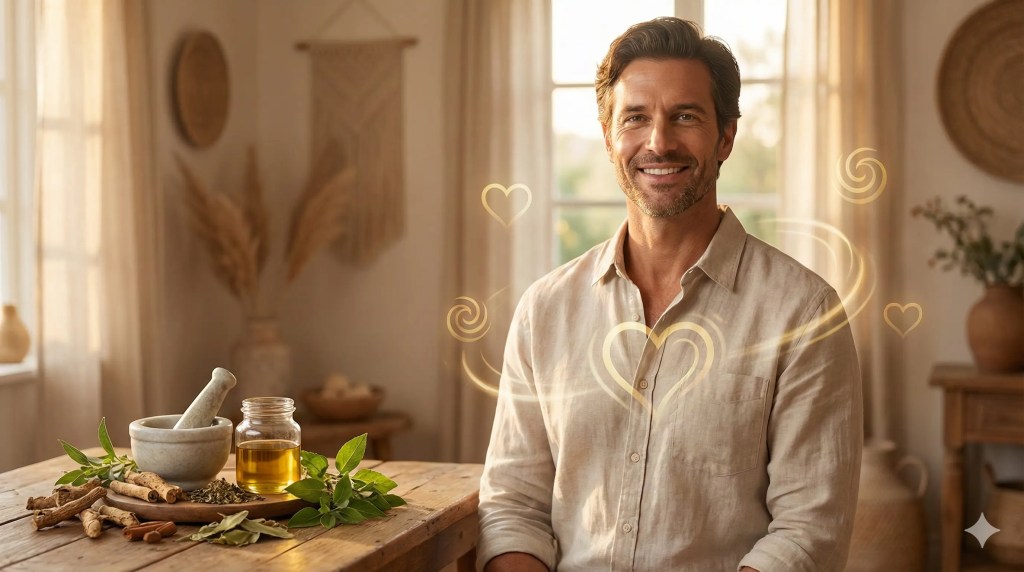 Man experiencing all-day energy after consuming Ayurvedic herbs.