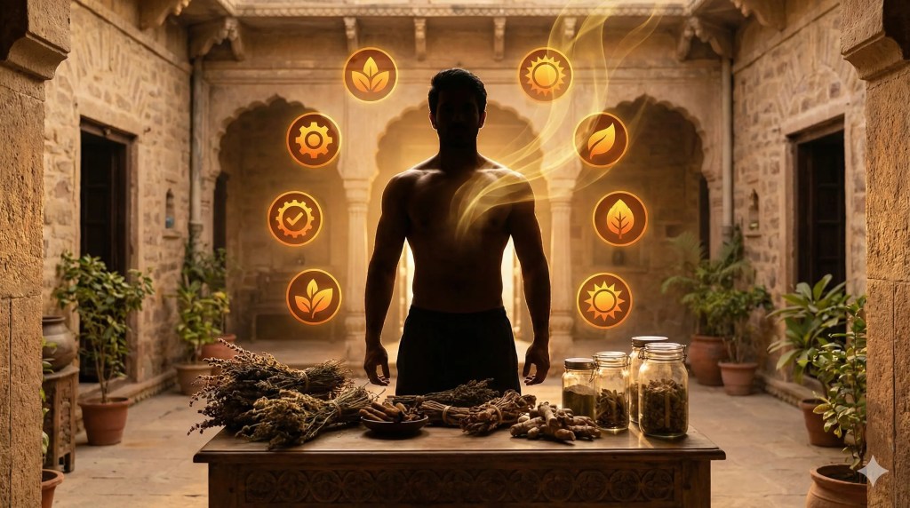 Visual representation of increased testosterone with masculine energy and Ayurvedic herbs