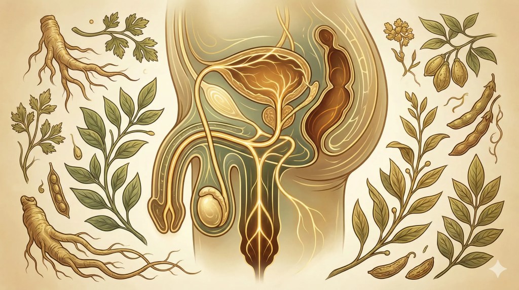 Ayurvedic herbs supporting male reproductive system health.