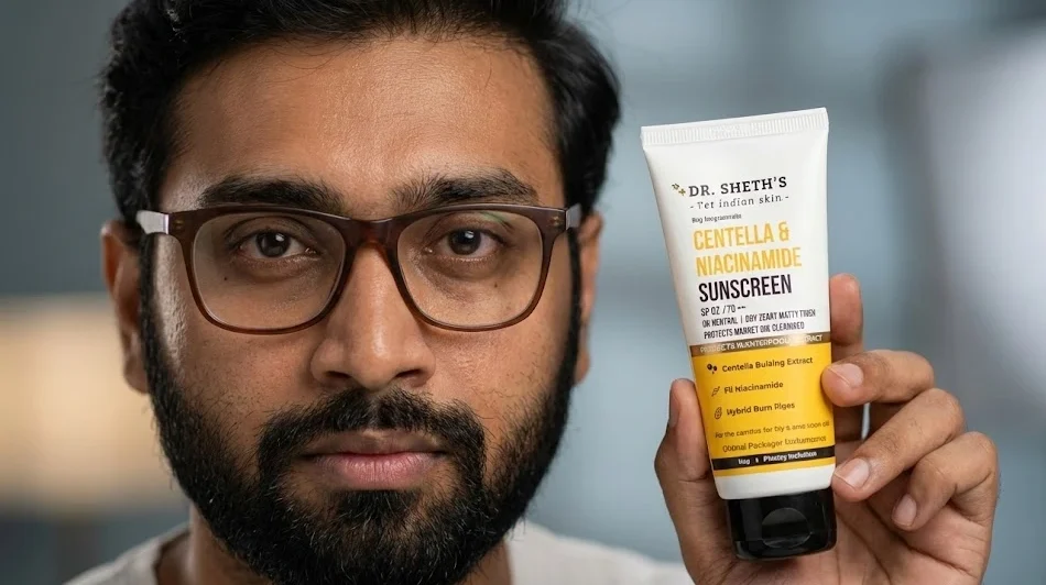 Abhishek Chouhan reviewing Dr Sheth’s Ceramide Vitamin C Sunscreen with product in hand close-up