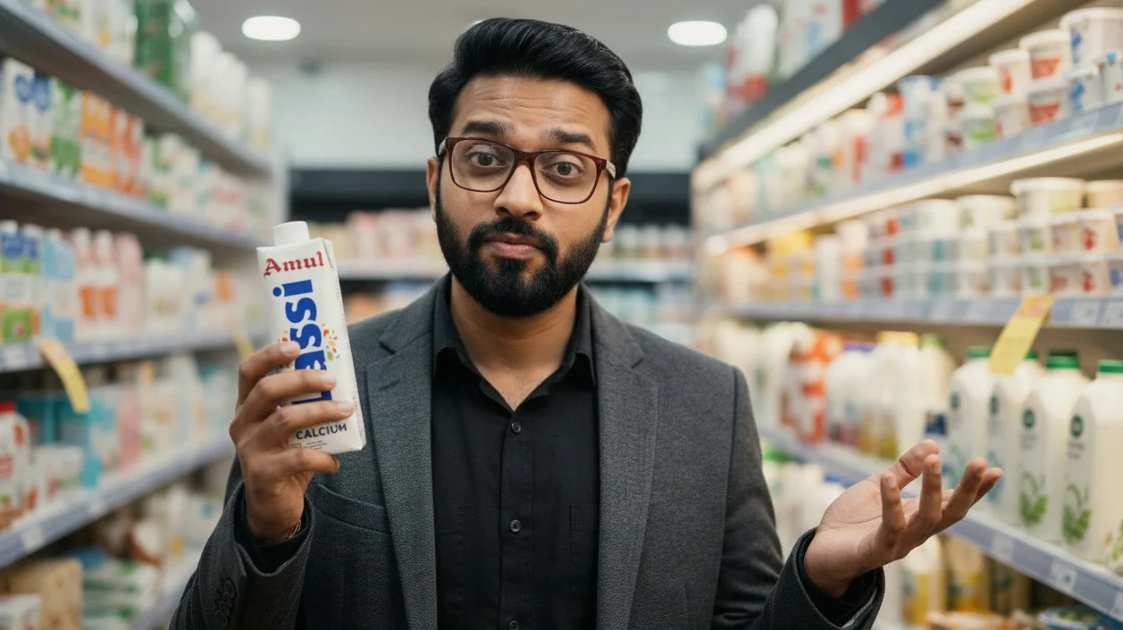 Indian health reviewer holding Amul Lassi with a surprised expression, questioning whether Amul Lassi is real lassi or just a flavored dairy drink