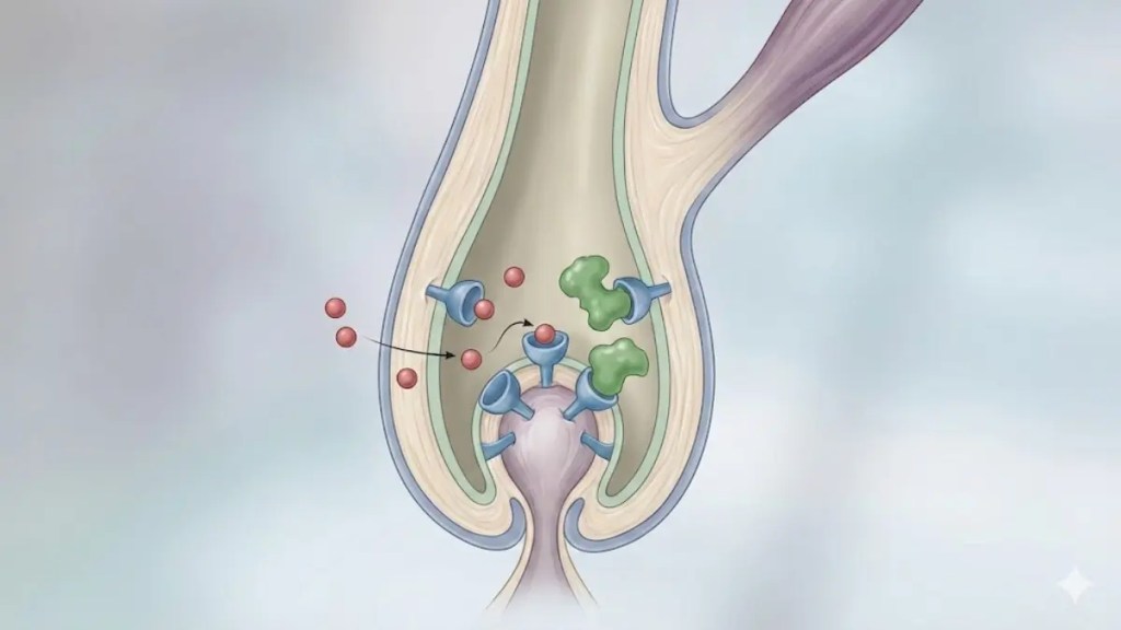 A clean medical illustration of a hair follicle cross-section highlighting androgen receptors and DHT molecules, with a topical compound preventing receptor binding. Neutral clinical colors, no text, no branding.