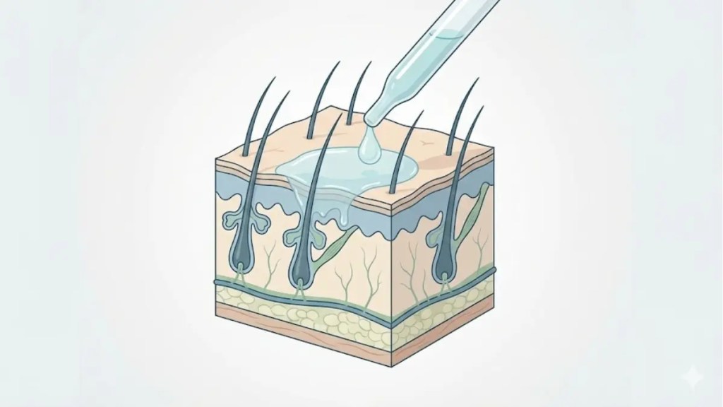 A minimal educational illustration showing topical solution applied to the scalp with visible skin and hair layers. Medical neutral style, no before-after visuals, no claims.