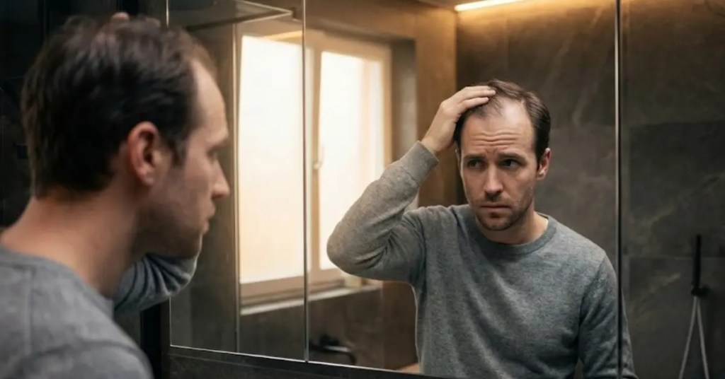 Man noticing early hair loss in mirror showing the silent impact of DHT and hair loss