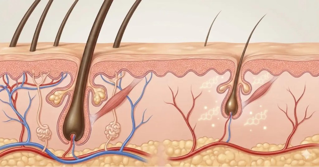 Medical illustration showing how DHT causes hair follicle shrinkage leading to hair loss
