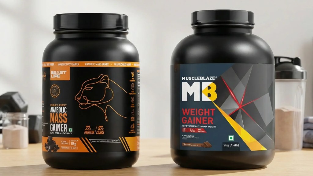 Natural Weight Gainer Comparison showing Beast Life vs MuscleBlaze side by side