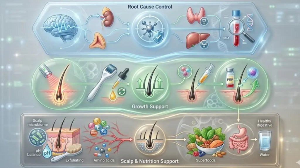 Hair fall treatment framework showing root cause control and growth support
