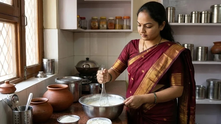 ndian woman preparing lassi using curd in a home kitchen, wearing a saree and using traditional utensils