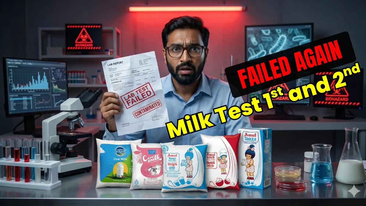 Mother Dairy and Amul milk brands failed lab test again - Laboratory scientist showing failed and contaminated lab report with milk pouches tested in 1st and 2nd blind test