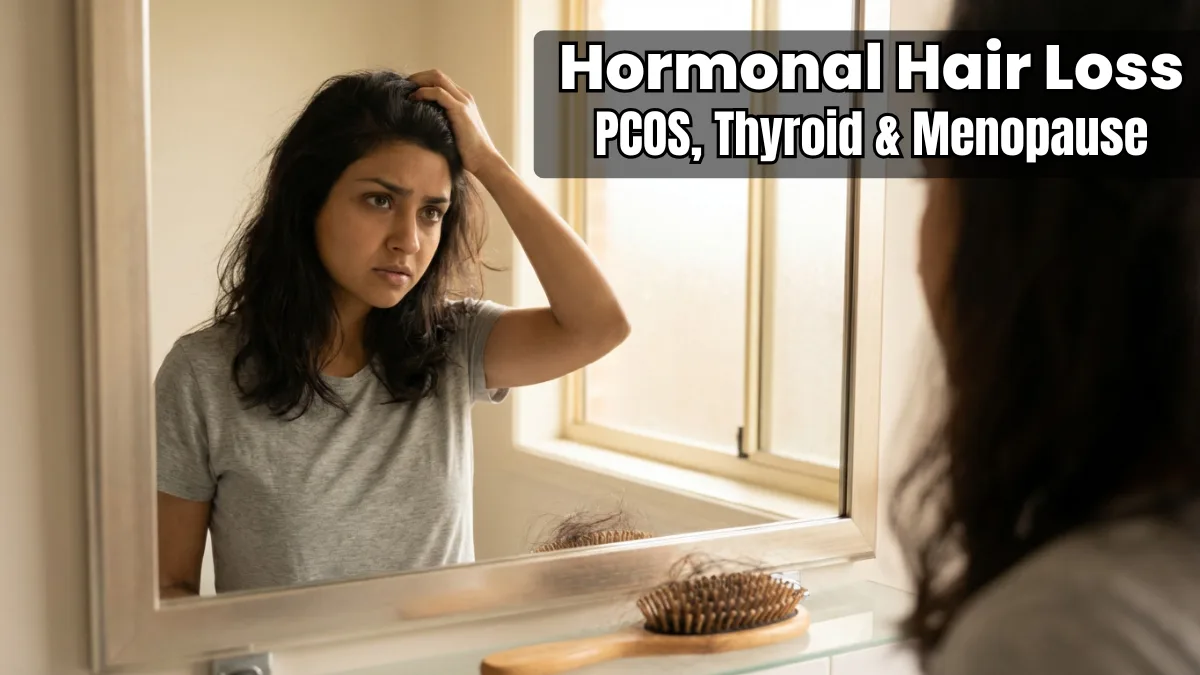 Hormonal hair loss in women showing hair thinning due to PCOS thyroid and menopause
