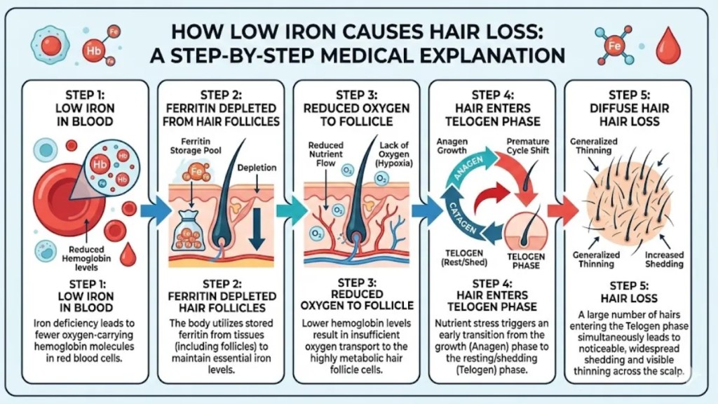 medical diagram showing how iron deficiency hair loss occurs through ferritin depletion and telogen effluvium