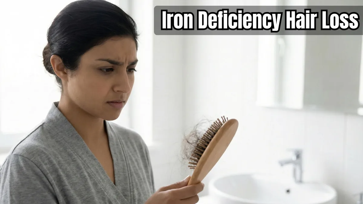 Alt Text iron deficiency hair loss — woman holding brush with excessive hair shedding
