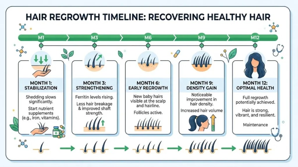 iron deficiency hair loss recovery and regrowth timeline showing month by month progress from 1 to 12 months