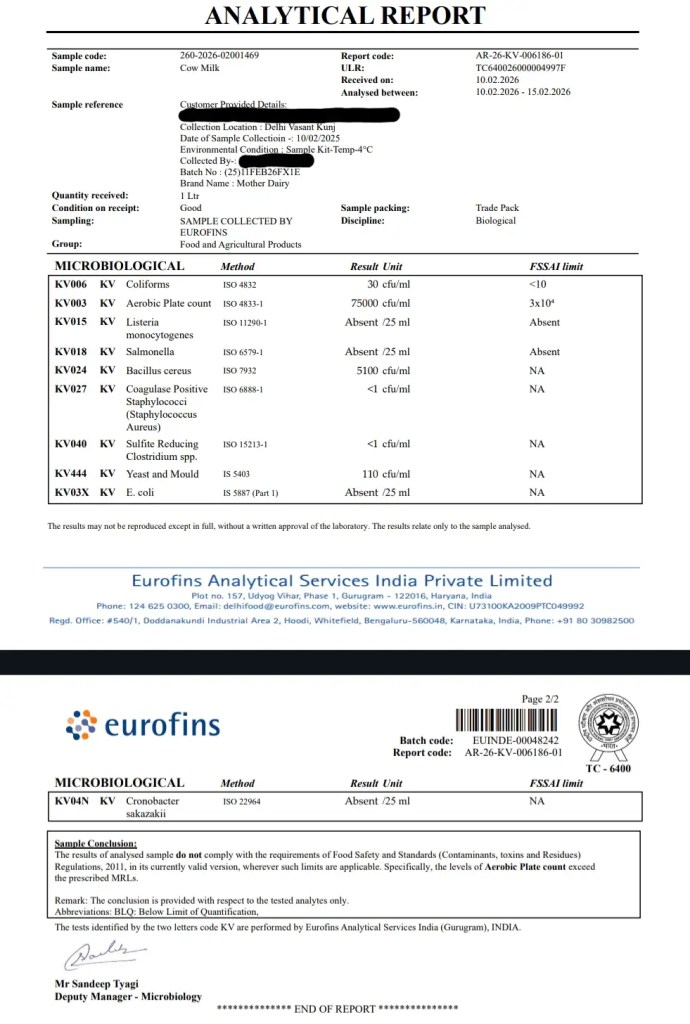 Mother Dairy cow milk lab test report by Eurofins showing failed microbiological results