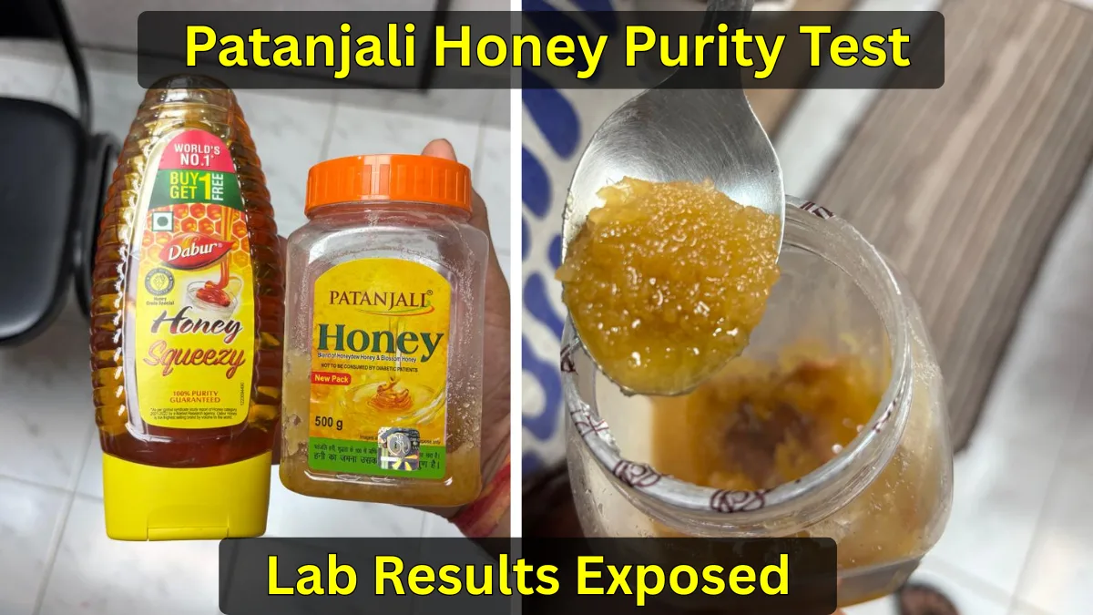 Patanjali honey purity test showing crystallized texture and product packaging - is patanjali honey pure lab analysis