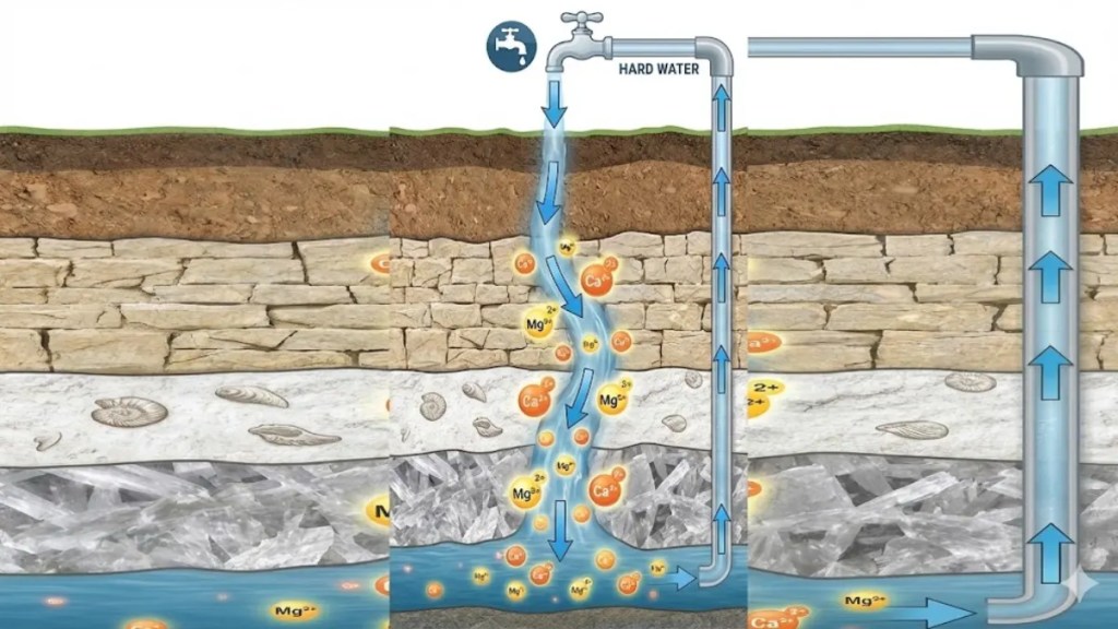 Scientific diagram showing how calcium and magnesium minerals dissolve from limestone, chalk, and gypsum layers into underground water and reach home tap as hard water