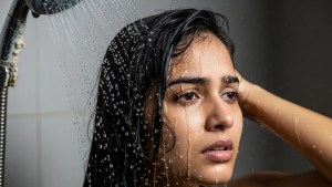 Indian woman experiencing hard water hair fall showing dry brittle damaged hair from calcium mineral buildup in shower