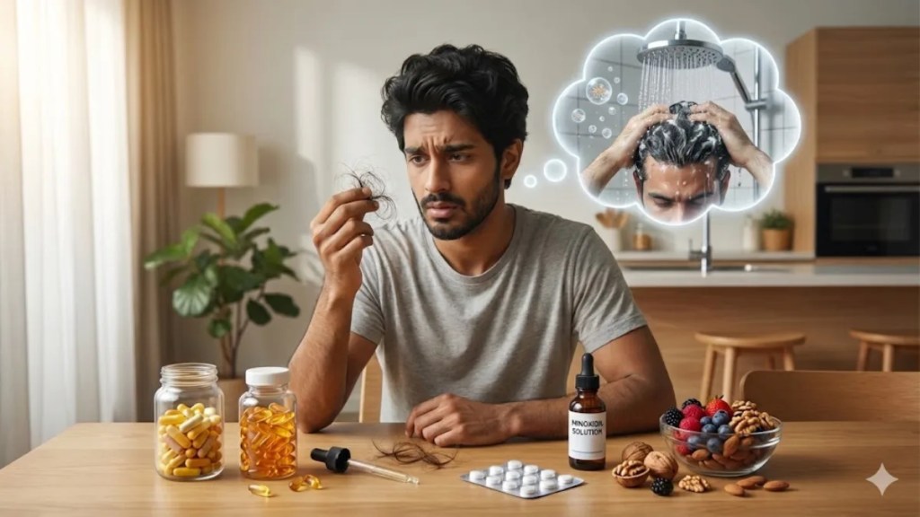 Concerned Indian man examining hard water hair fall while sitting with supplements, minoxidil solution, and healthy foods on table