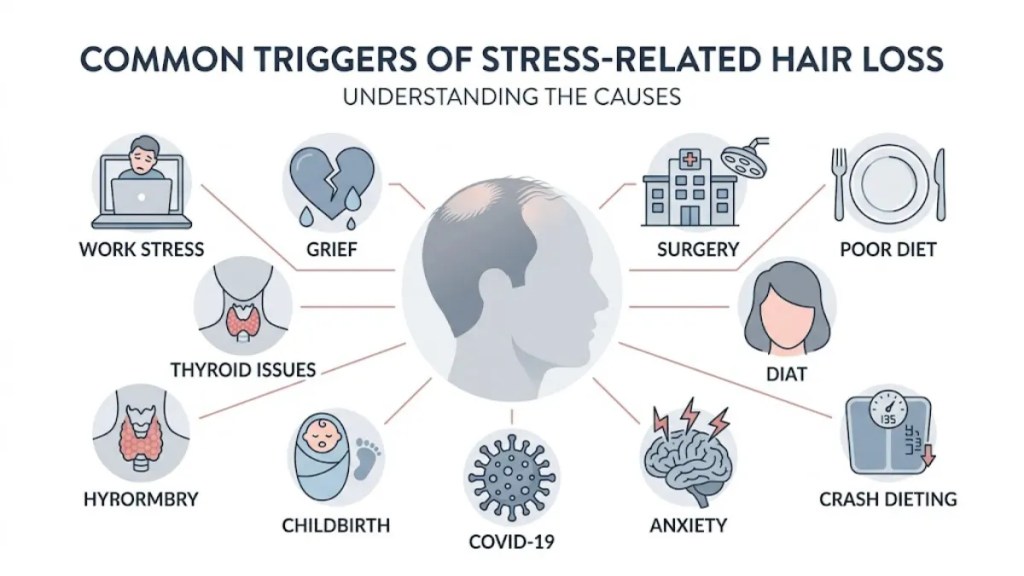 Common causes and triggers of telogen effluvium including emotional stress cortisol nutritional deficiency