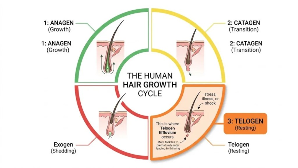 Hair growth cycle four phases anagen catagen telogen exogen — telogen effluvium disrupts telogen phase