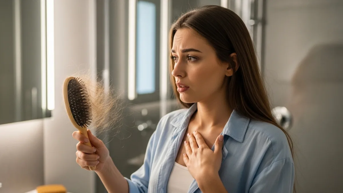 Telogen effluvium stress hair loss — woman noticing excessive hair shedding on brush