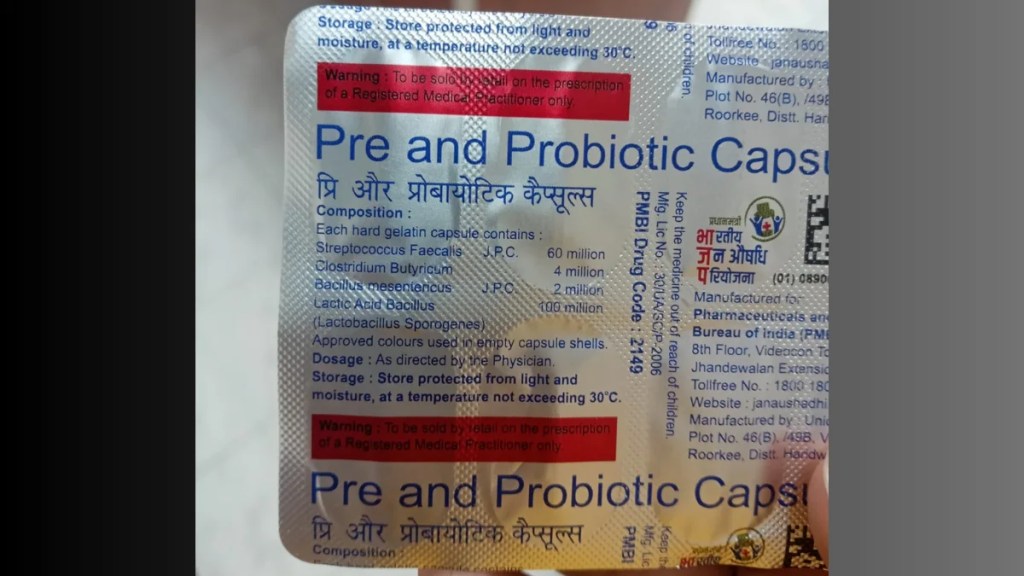 Jan Aushadhi Probiotic Capsule original label showing composition — Streptococcus Faecalis 60M, Clostridium Butyricum 4M, Bacillus Mesentericus 2M, Lactobacillus Sporogenes 100M — PMBI