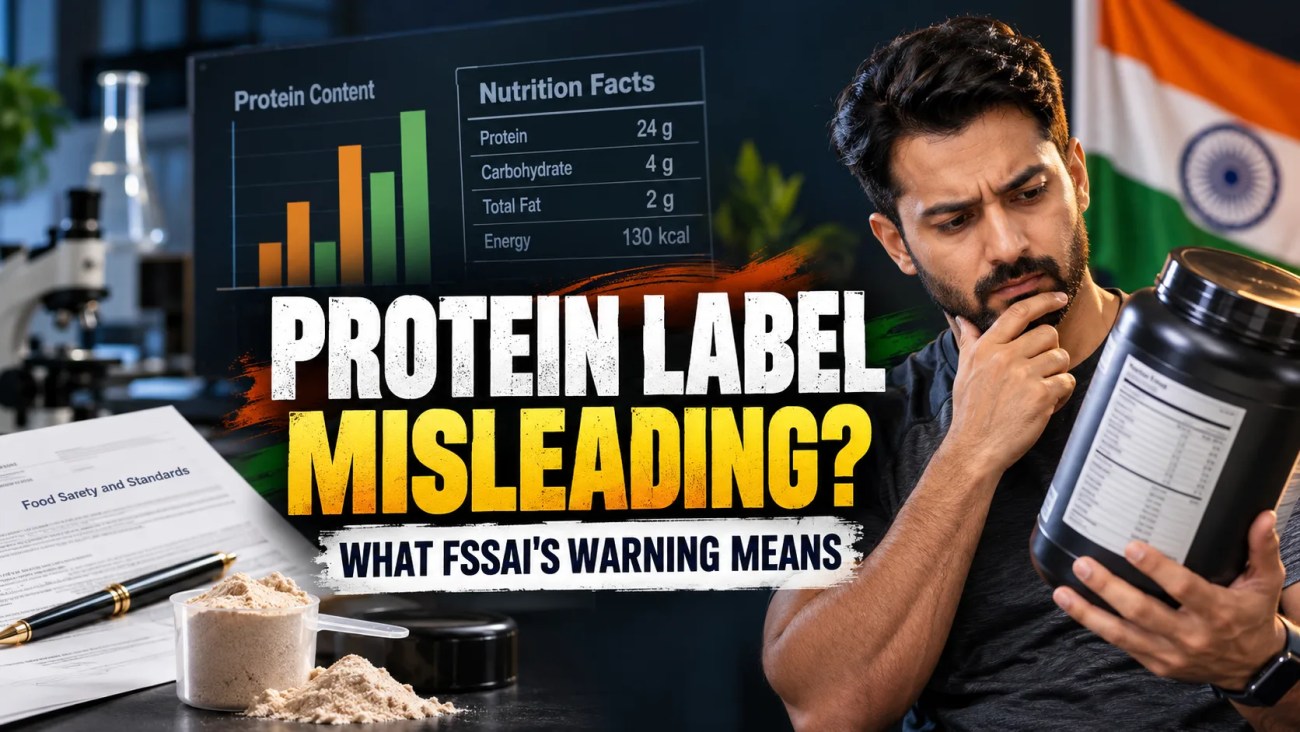An Indian consumer examining a whey protein container amid the FSSAI misleading protein claims controversy.