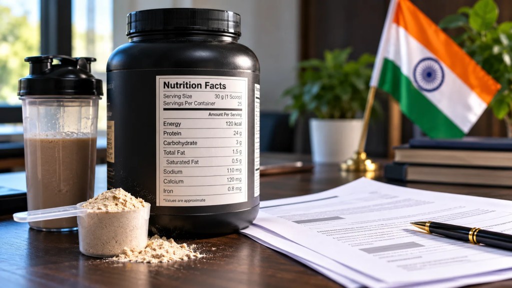 Generic supplement packaging and regulatory paperwork illustrating the FSSAI misleading protein claims issue in India.