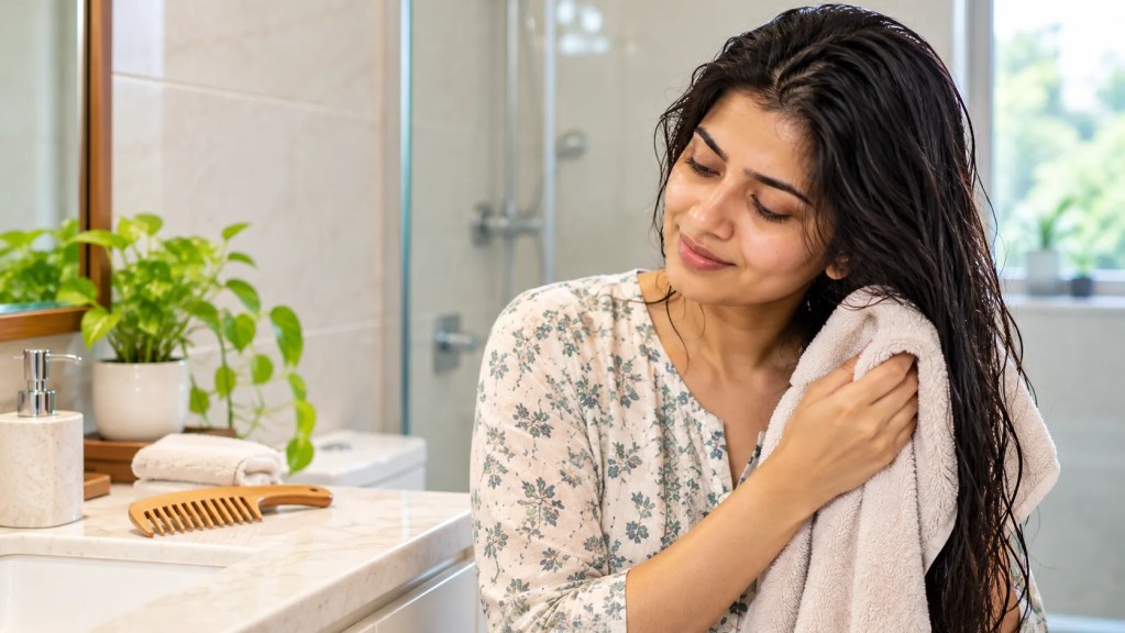 Gentle post-monsoon hair care using a soft towel and wide-tooth comb to reduce unnecessary hair breakage. hair fall after monsoon