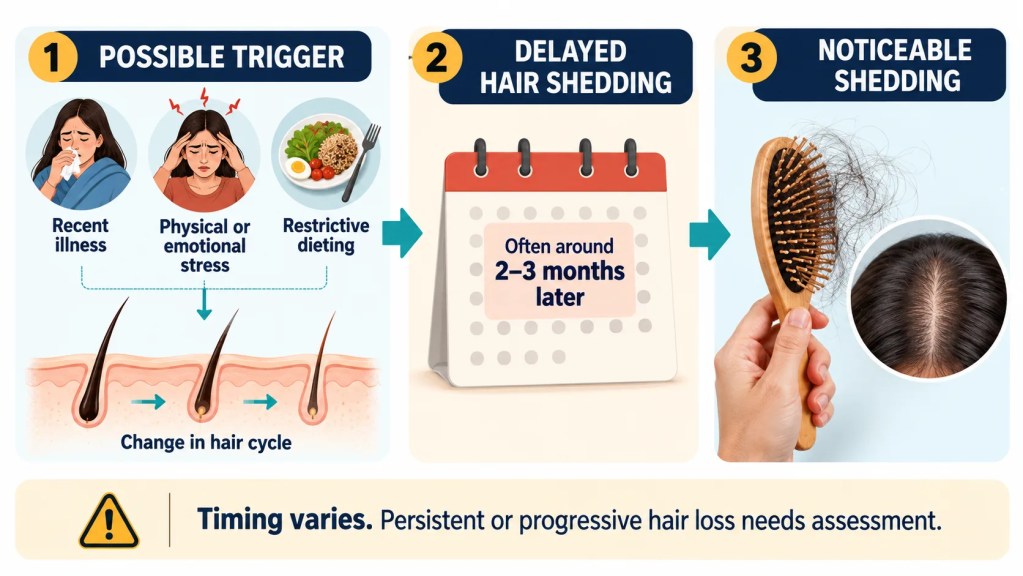 Illustration explaining how a health or stress trigger can lead to delayed hair shedding after the monsoon.