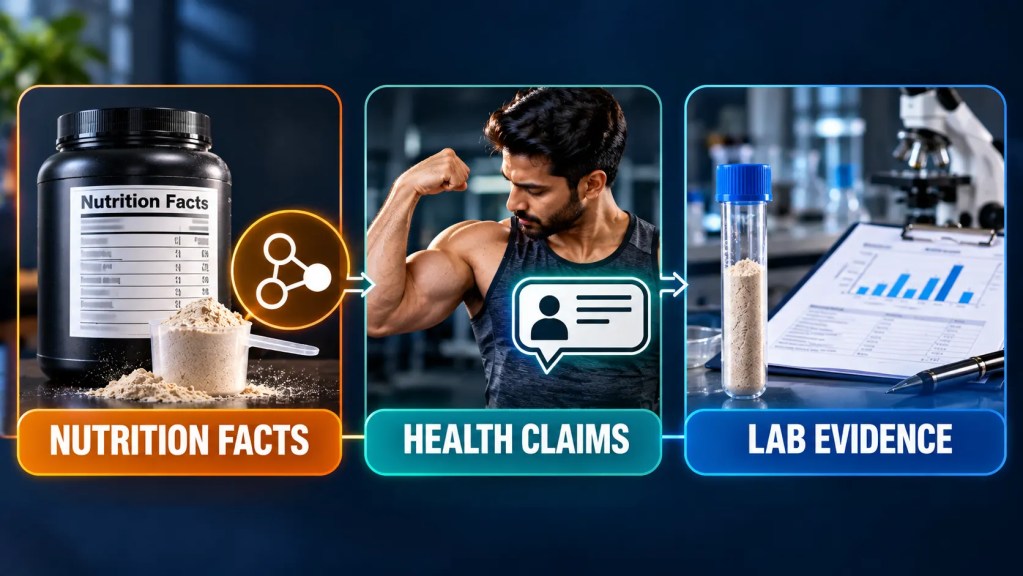 An evidence comparison graphic explaining FSSAI misleading protein claims, declared nutrition facts, health benefits, and laboratory results.