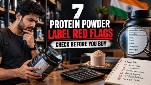 A fitness shopper examining a protein powder label while checking whey supplement claims.
